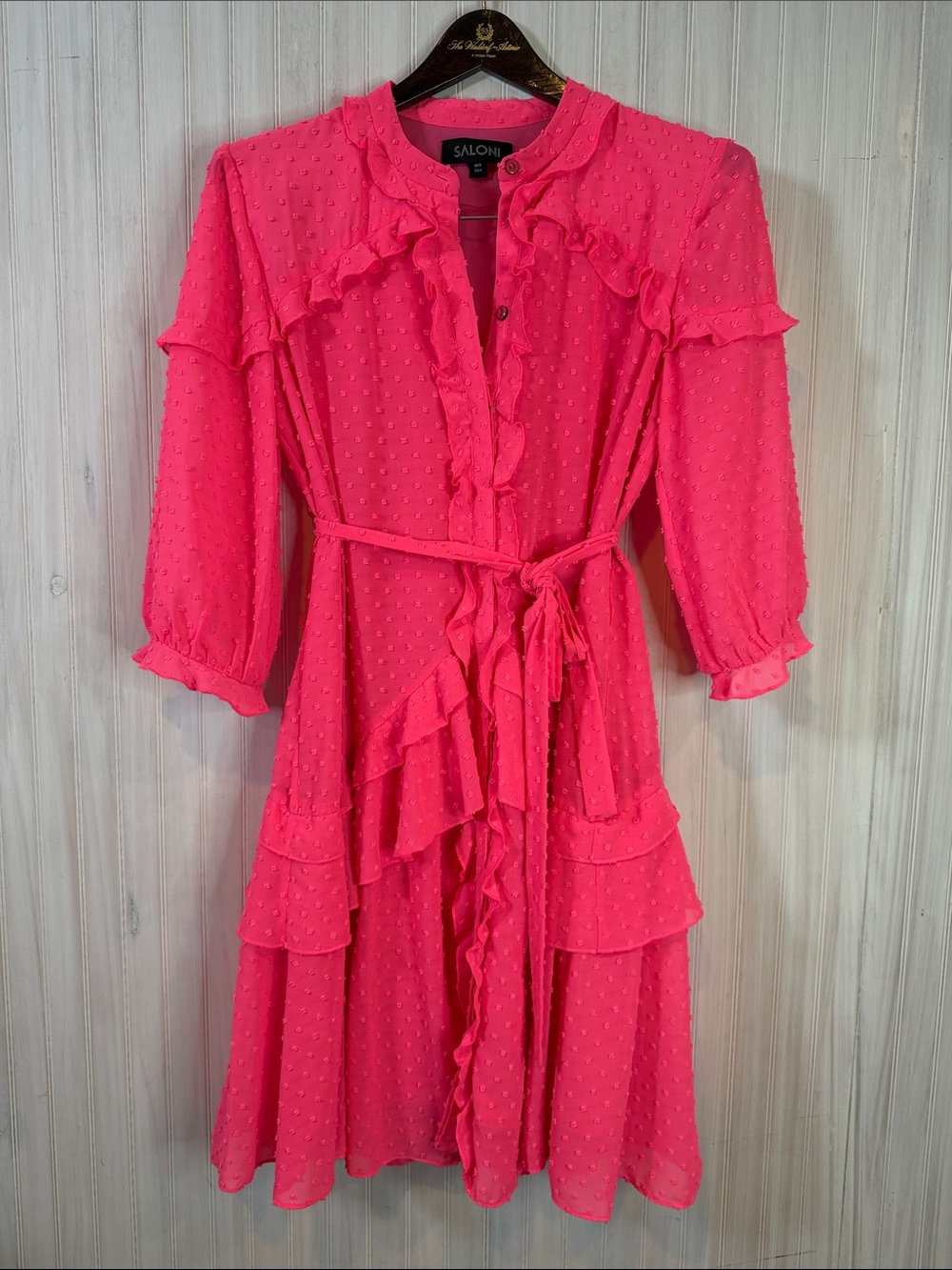 SALONI TILLY RUFFLE DRESS HOT PINK SWISS DOT BUTTON DOWN 4